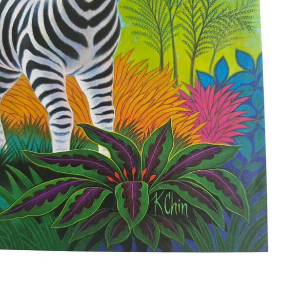 Vtg 1973 K Chin Zebra Tiger Jungle Art Prints 12x9 Pair Colorful Floral Animal - Picture 5 of 8